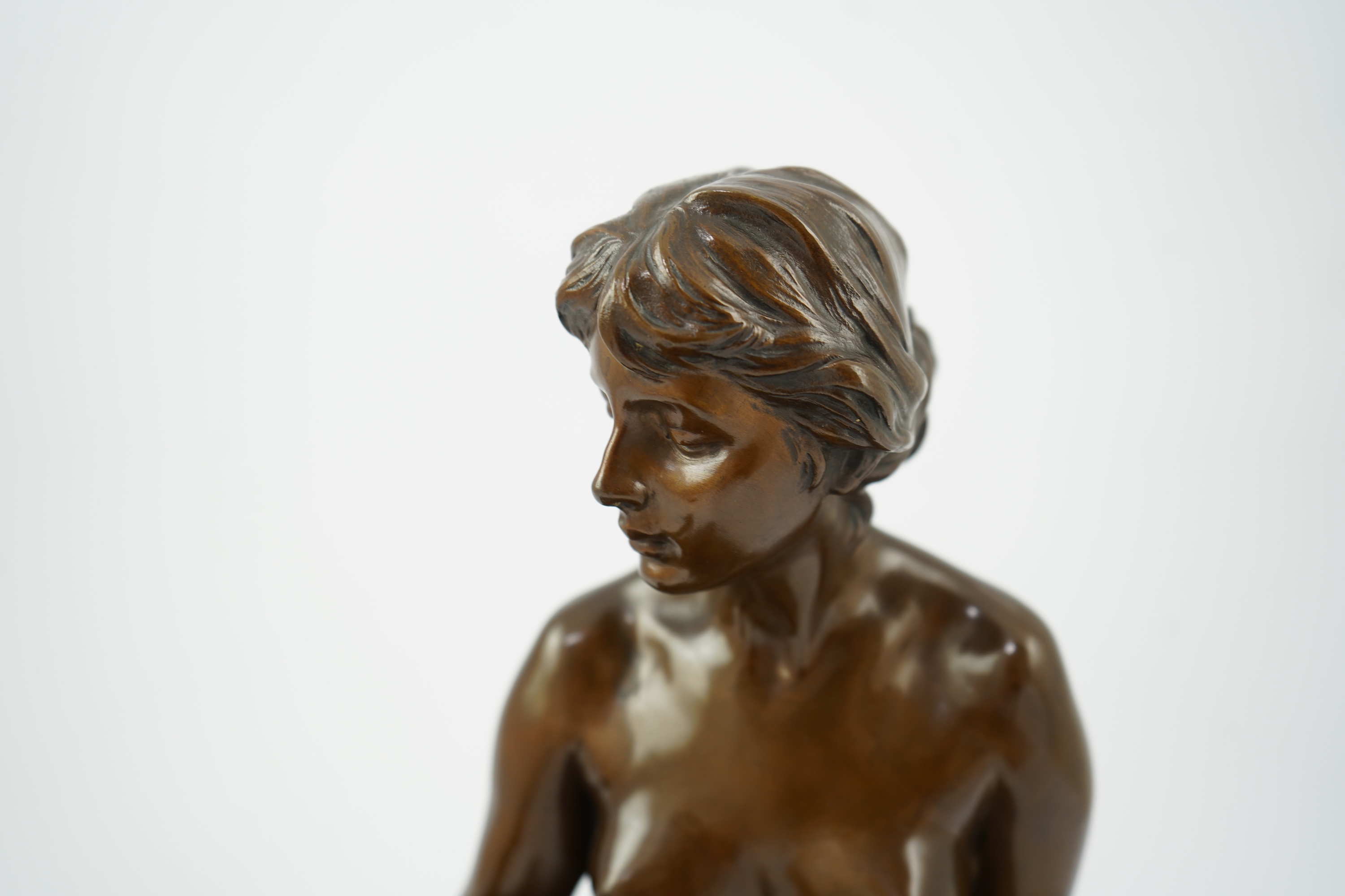 After Arnold Katsch (German, b.1861), an Art Nouveau bronze figure of Psyche, with foundry mark to reverse ‘Gladenbeks Bronceciesserei’, on serpentine marble base, missing butterfly from hand, 34cm
